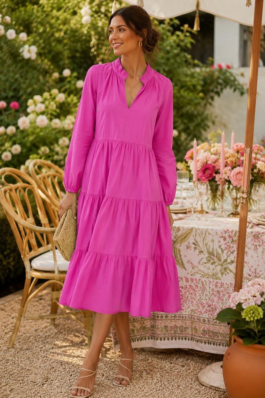 J.Crew Pink Tiered Midi Dress Small‎ Long Sleeve Popover V Neck Ruffle Cottage